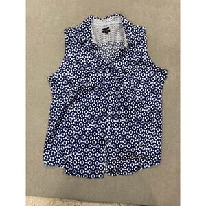 Talbots Sleeveless Button Down Shirt, Navy, Geometric, XL